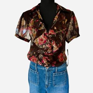 Vintage Ralph Lauren Brown Sheer Georgette Floral Ruffle Top -Size M - NWT